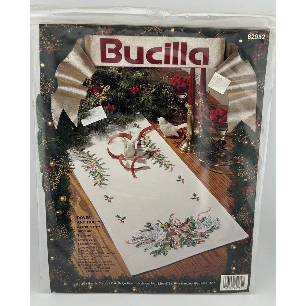 Doves and Holly Tablerunner Embroidery Kit Bucilla Stamped Fabric Only 14x44‎